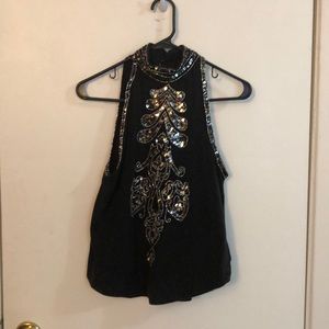 Beaded high neck top with key hole back